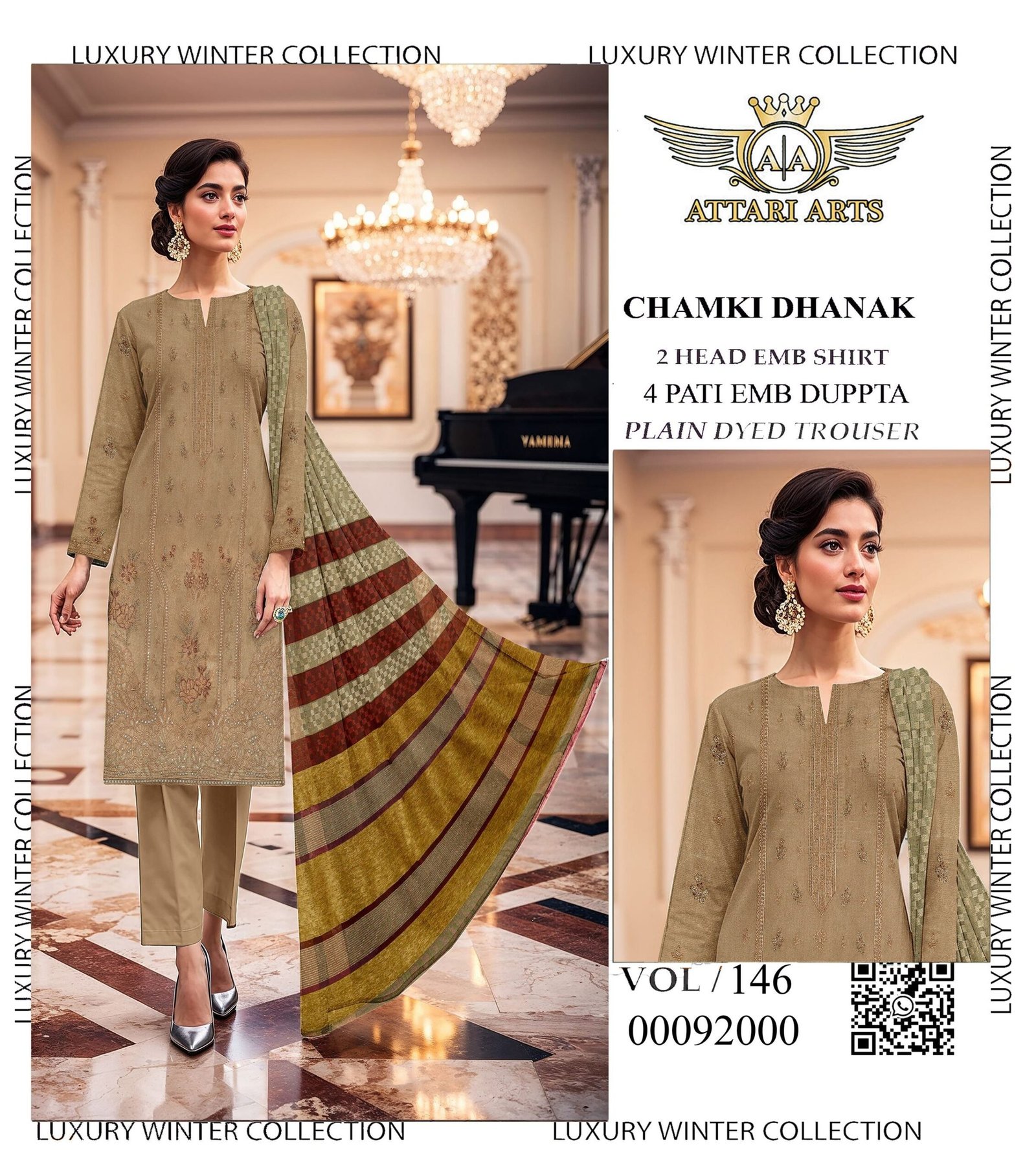 Designer Chamki Dhanak Embroidered 3Pc Dress | New Arrival VOL-146