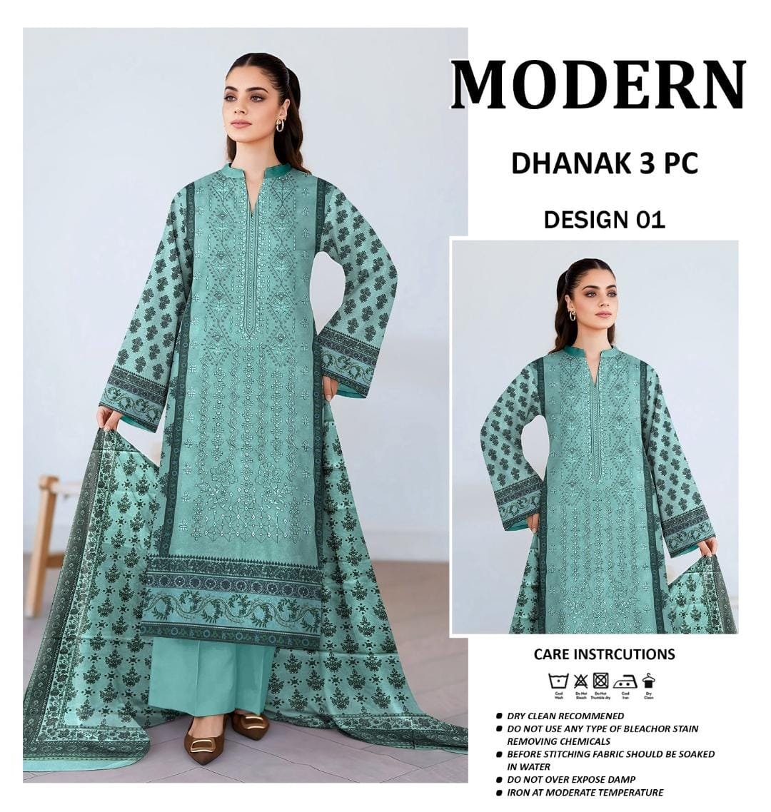 Modern A+ Dhanak Double Head Embroidery 3 Piece