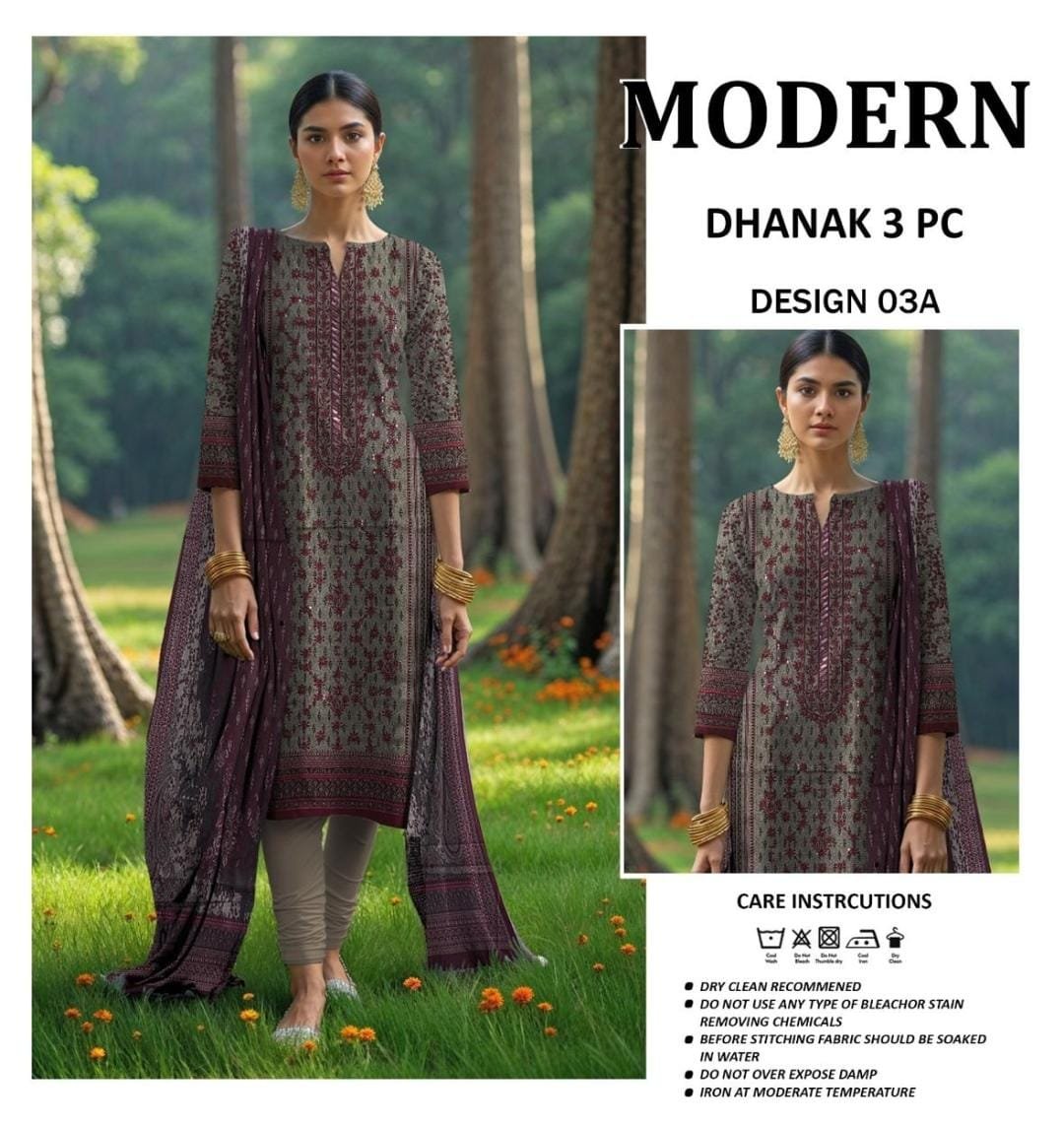 Modern A+ Dhanak Double Head Embroidery 3 Piece - Image 9