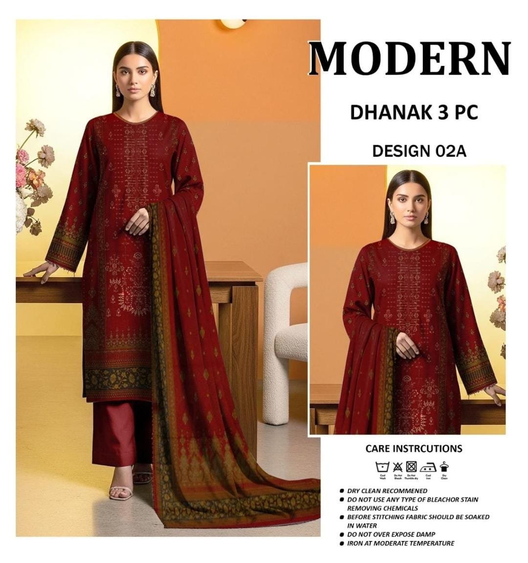 Modern A+ Dhanak Double Head Embroidery 3 Piece - Image 2