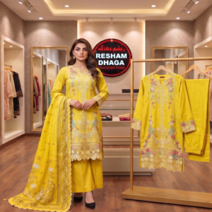 premium floral 3 piece, embroidered floral suit women, trendy floral dress set, ladies stitched 3pc outfit, elegant women fashion wear, floral semi formal suit, Pakistan fashion 3 piece apparel, designer floral embroidered set, modern women stitched dress, wholesale in Pakistan garments