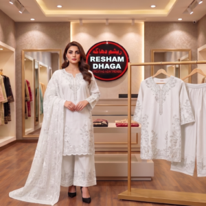 cotton 3pc stitched suit, online ladies embroidered dress, Pakistan best price cotton suit, ready to wear 3 piece outfit, stitched cotton women apparel, boutique cotton stitched stock, affordable embroidered cotton set, summer cotton dress Pakistan, women online clothing store, wholesale in Pakistan garments