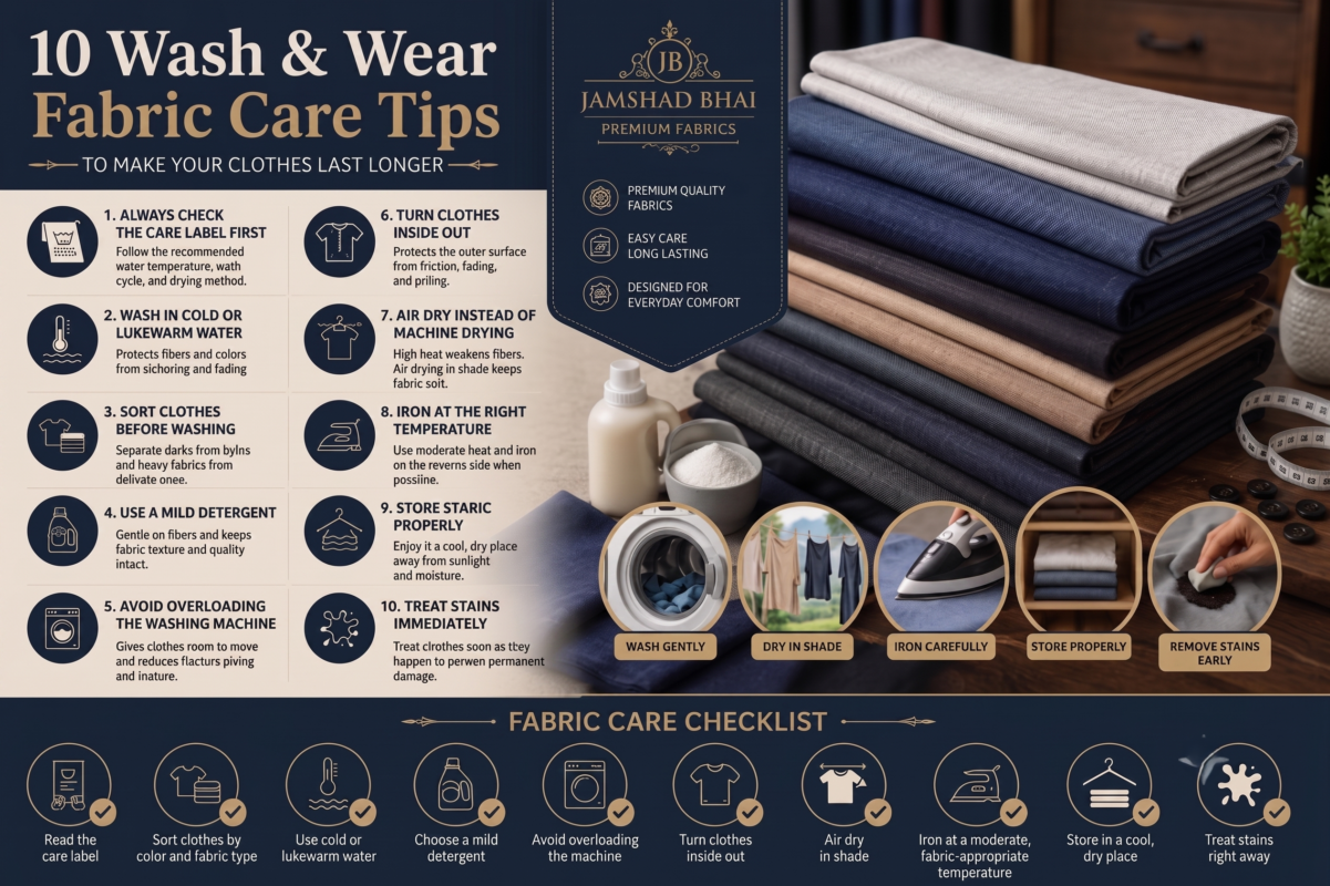 Wash & Wear Fabric, Men's Fabric, Fabric Care Guide, Clothing Maintenance, Unstitched Fabric, Fabric Washing Tips, Ironing Fabric, Long Lasting Clothes