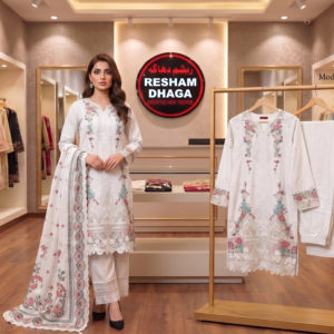 premium floral 3 piece, embroidered floral suit women, trendy floral dress set, ladies stitched 3pc outfit, elegant women fashion wear, floral semi formal suit, Pakistan fashion 3 piece apparel, designer floral embroidered set, modern women stitched dress, wholesale in Pakistan garments