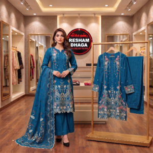 premium floral 3 piece, embroidered floral suit women, trendy floral dress set, ladies stitched 3pc outfit, elegant women fashion wear, floral semi formal suit, Pakistan fashion 3 piece apparel, designer floral embroidered set, modern women stitched dress, wholesale in Pakistan garments