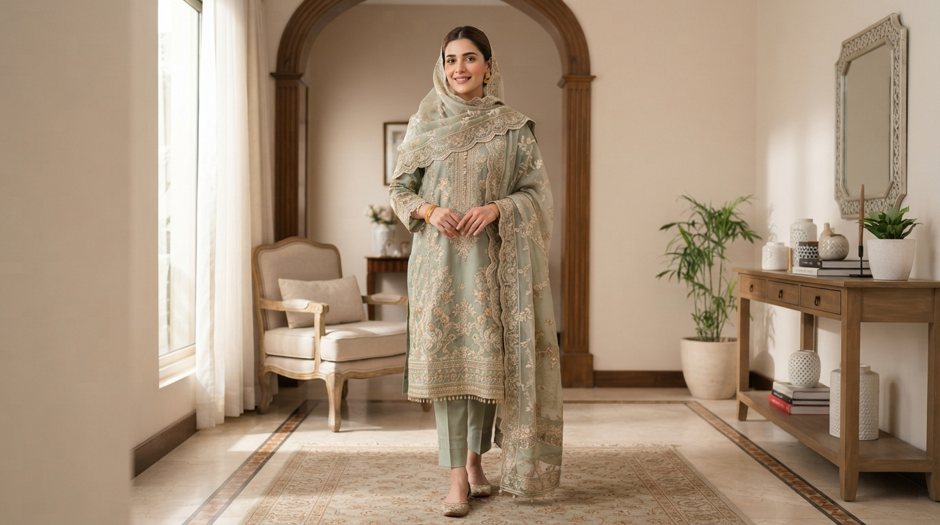 Pakistani woman wearing a printed lawn 3-piece suit with matching dupatta for everyday casual wear