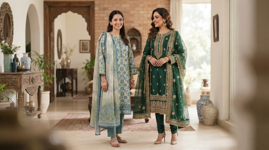 Women’s stitched 3-piece suits in lawn and embroidered styles for different occasions in Pakistan